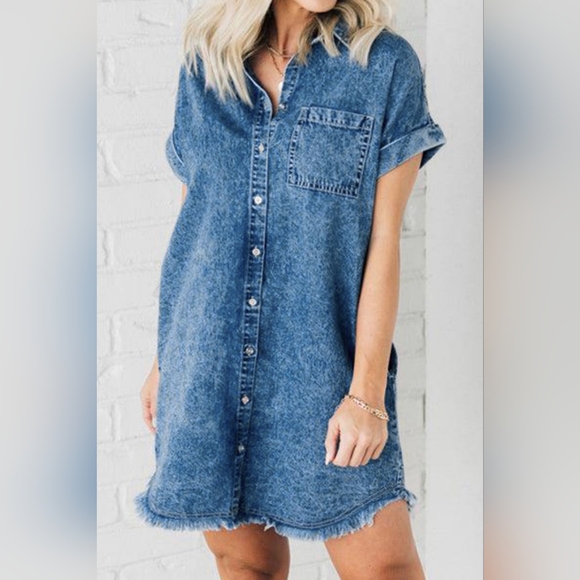 Distressed Denim Short Sleeve Button Front Pocket Jean Cotton Mini Shirt Dress - Picture 11 of 13